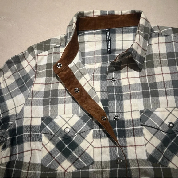 Kuhl Plaid Grey White Brown Full Snap Corduroy Collar Flannel Shirt S - Picture 5 of 8